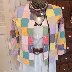 Orvis Multicolor Patchwork Quilt Cherboard Pattern Women's Cotton Blazer Size 6.